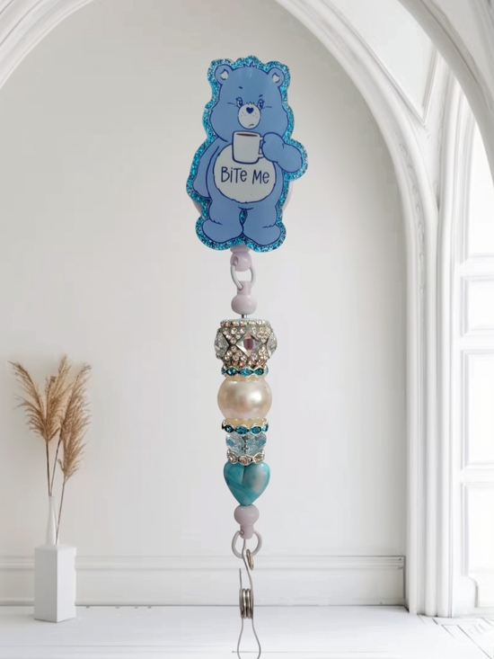 Handmade Accessories - Handmade Blue Bear Beaded Badge Reel - "Bite Me"